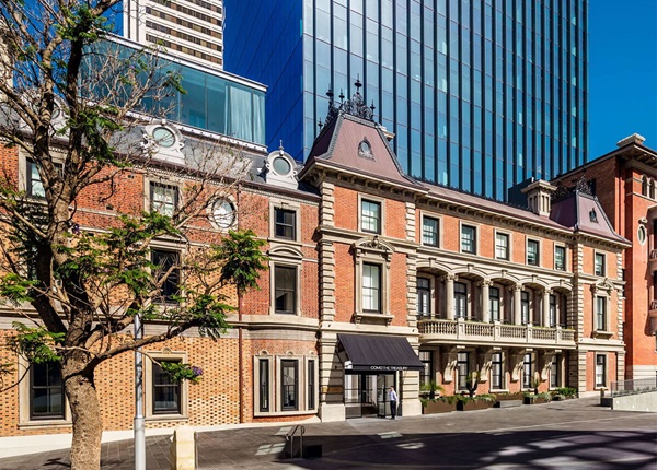 Main entrance and frontage of Como The Treasury hotel in Perth