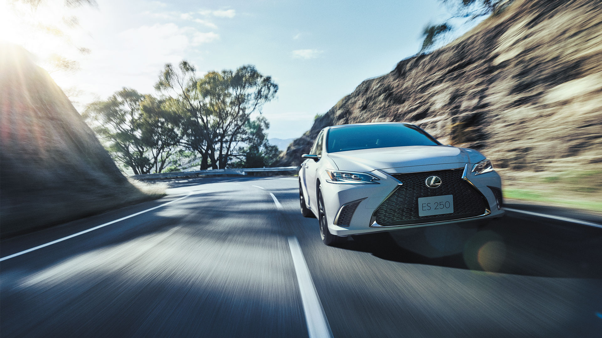 A white ES 250 drives along a tree lined road through the mountains.