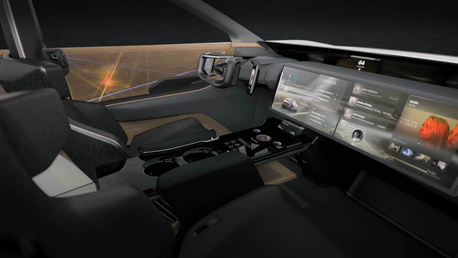 Top view of car interior, focusing on display dashboard.