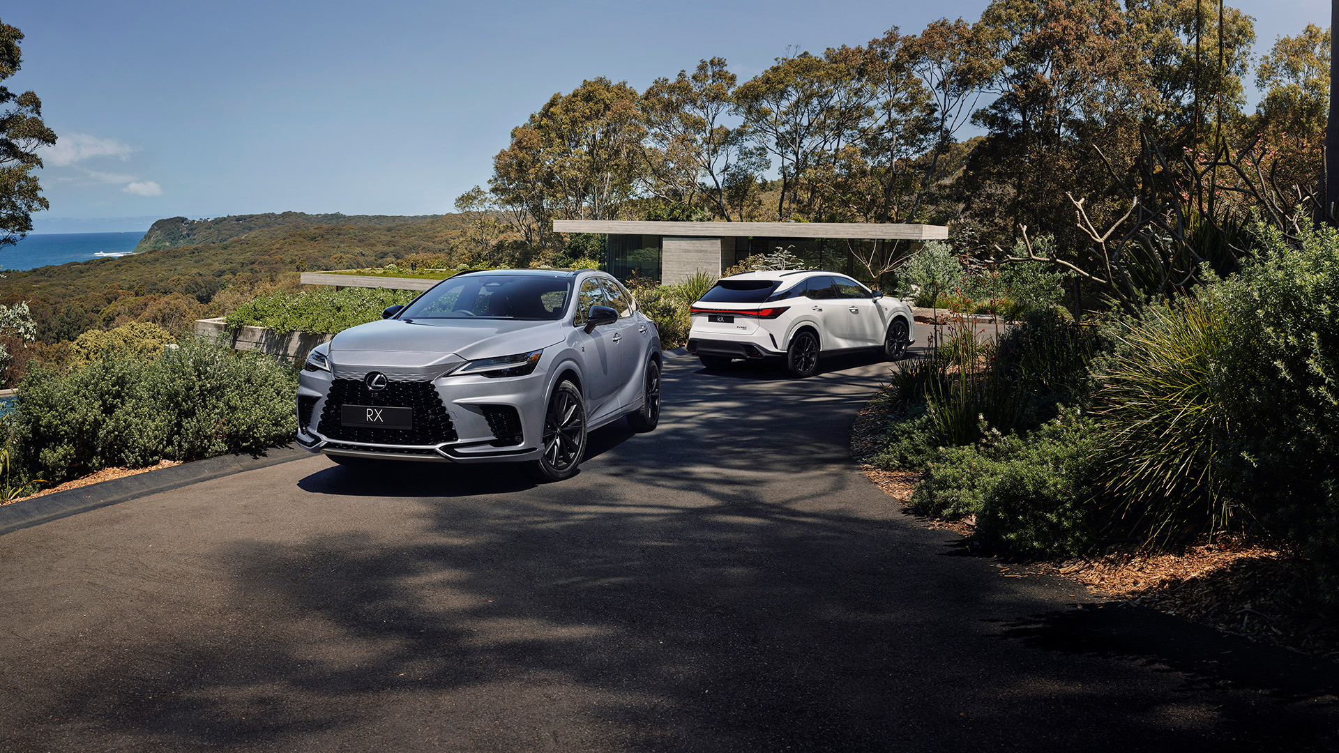 Two 2023 Lexus RX Vehicles are parked on a driveway in front of a luxury house.